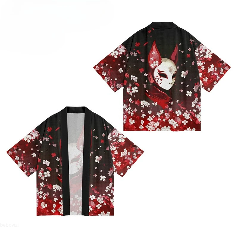 العديد من الأنماط اليابانية إيناري فوكس طباعة كيمونو 2025 الصيف النساء الرجال هاوري المتضخم سترة يوكاتا رداء Harajuku القمم #6