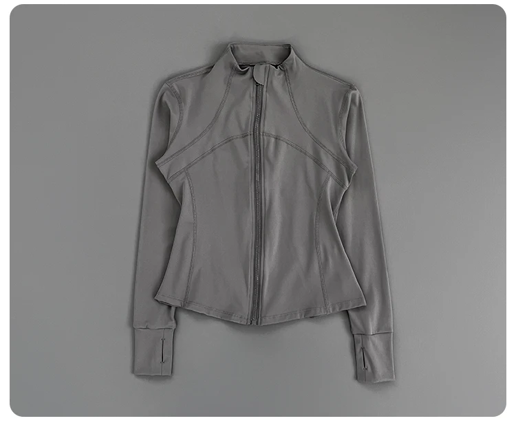 Damen Slim Fit Yoga-Jacke mit Stehkragen, Reißverschluss, Daumenlöchern, langen Ärmeln, für Laufen, Fitness und Sport. – Detail 17