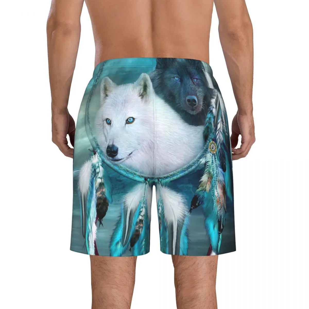 Dream Catcher-Weiß Wolf Schwarz Wolf männer Strand Shorts Fitness Schnell trocknend Badeanzug Lustige Straße Spaß 3D shorts