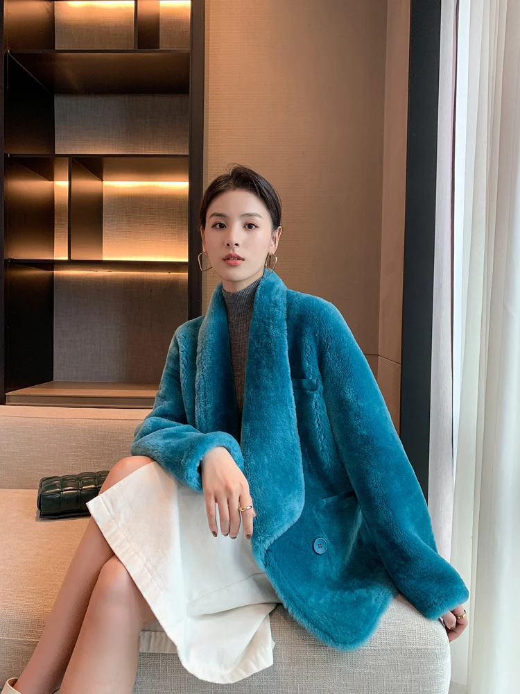 Tcyeek Genuine Wool Autumn Winter High End Fur Integrated Solid Color Medium Length Women's Lamb Wool Fur Coat Fourrures Femme