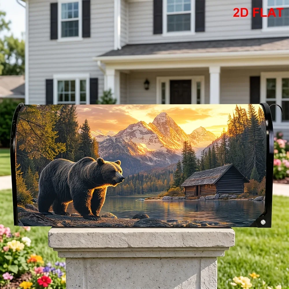 1pc Bear mailbox cover with mountain sunset and cabin scenery, suitable for outdoor mailbox decoration for yards and gardens.