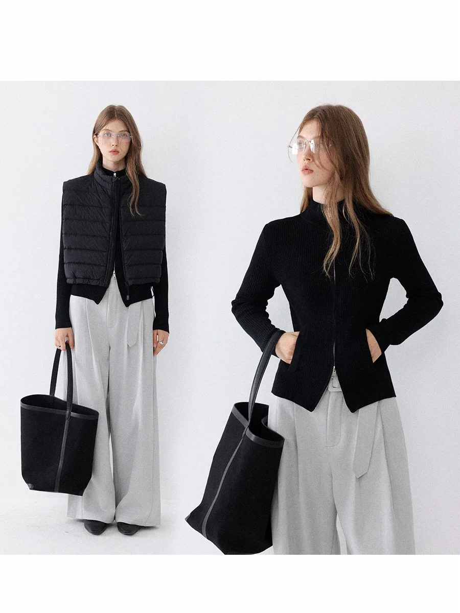 

CHACHASTU Autumn Winter Slim Fit Knitwear Double Zipper High Collar Elastic Stripe Pattern Windproof Layering Fce Lined Ca...