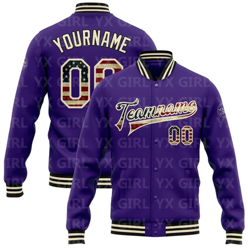 Custom Purple Vintage USA Flag OR-Black Bomber Full-Snap Varsity Letterman Jacket Baseball Button Jacket