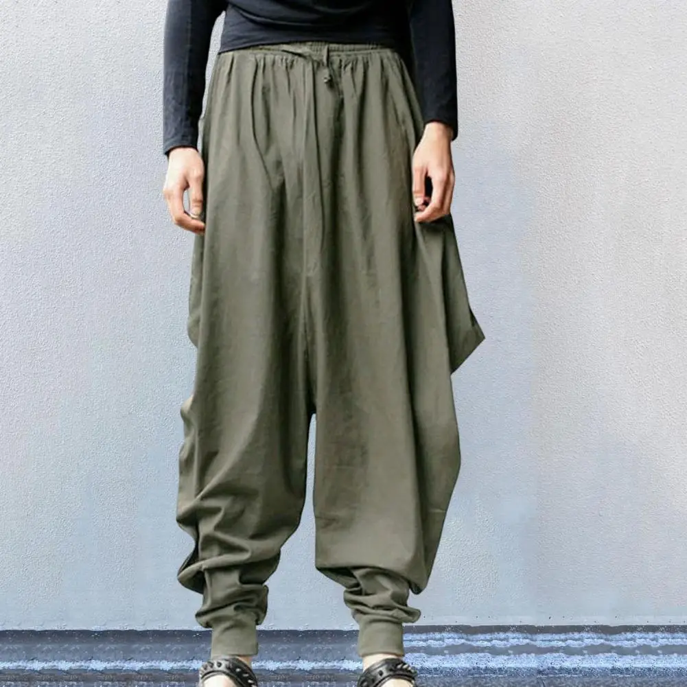 Men Harem Pants Drop Crotch Drawstring Vintage Ankle Tied Baggy Pants Relaxed Fit Elastic Waist Lace-up Pants Loose Trousers