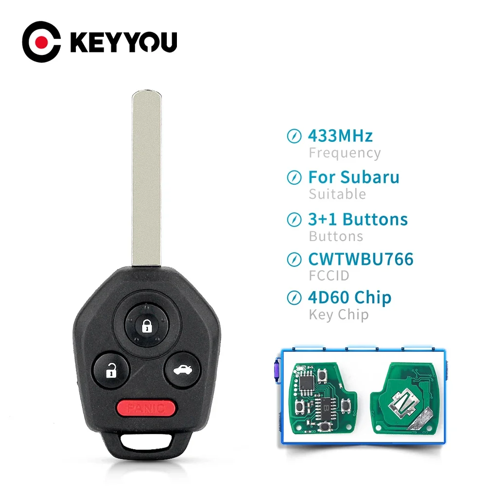 

KEYYOU Remote Key Fob For Subaru Outback Legacy 2010 2011 2012 2013 2014 Chip 4D60 FCCID CWTWBU766 3+1 Buttons 433Mhz