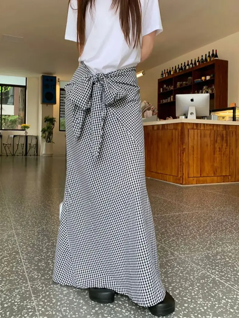 

Alien Kitty 2024 Women A-Line Mopping Skirt Bow Plaid Fashion Summer Loose Chic High Waits Streetwear Vintage Slim Mujer Daily