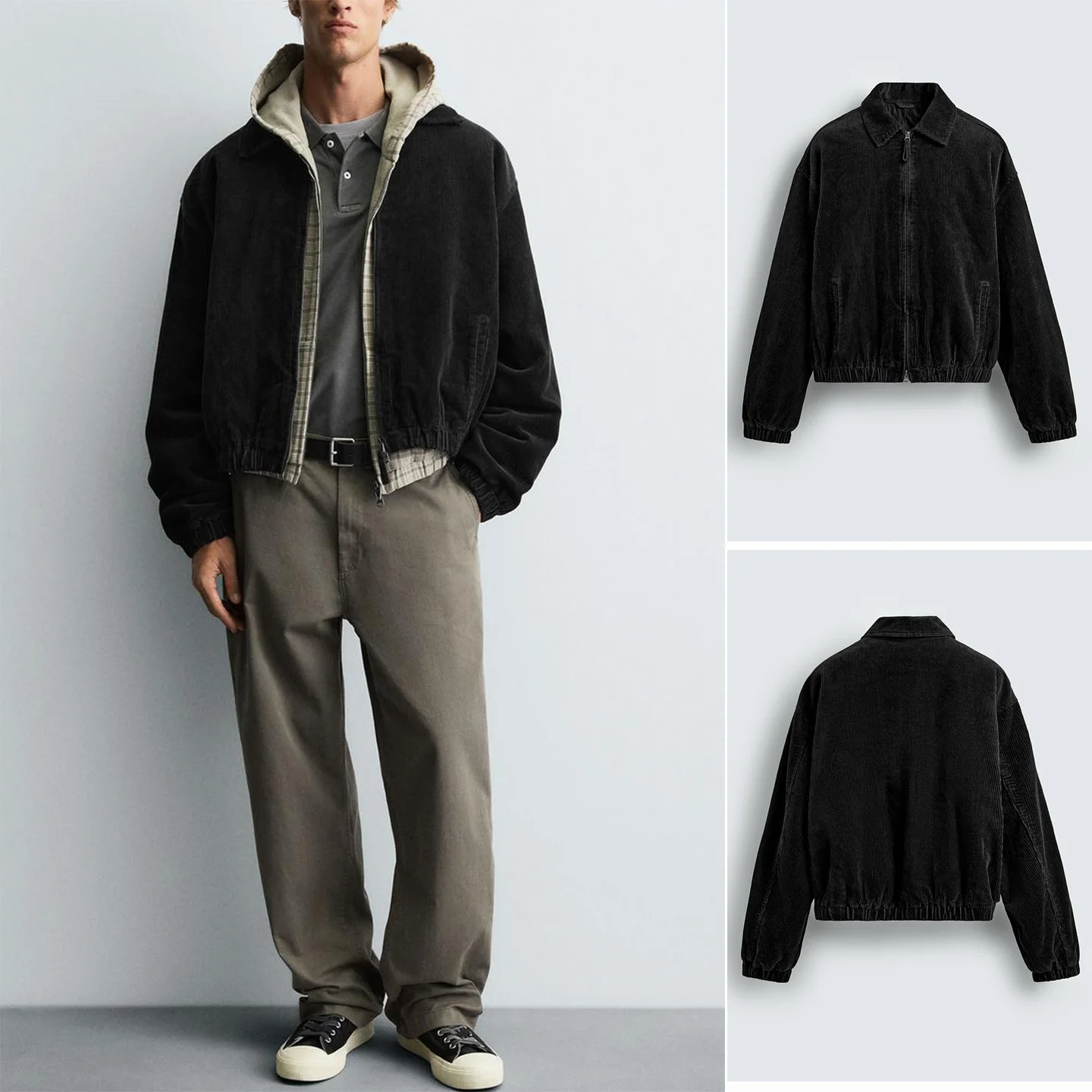 

New Autumn Winter Men's Jaet Simple Zipper Corduroy Loose Fit Turn-down Collar Outerwear Ele Sle Long Sve Polyester