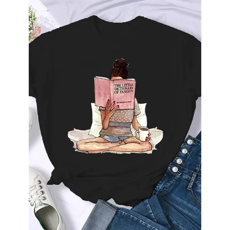 

Book Print T-shirt Trend White Short Sleeve T-shirt Woman Kawaii Clothes Women Clothes Graphic T Shirts Aesthetic Clothes