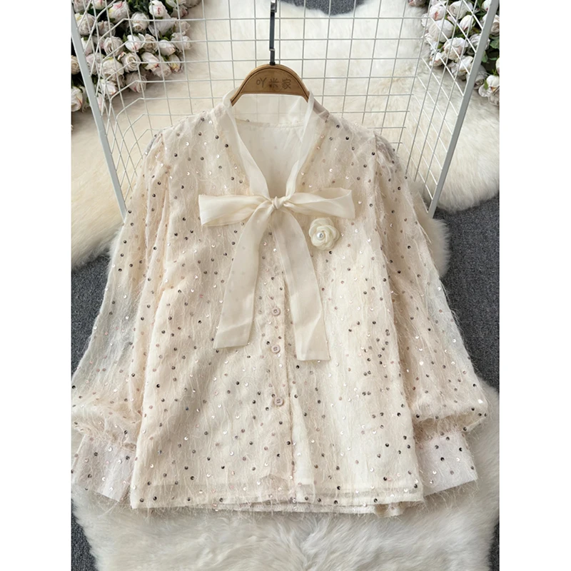 Bow Fringe Sequin Lace Shirt Women‘s Spring New Fashion Tulle Age-Reduce Loose Top Single breasted V-neck Casual Commuter Blouse