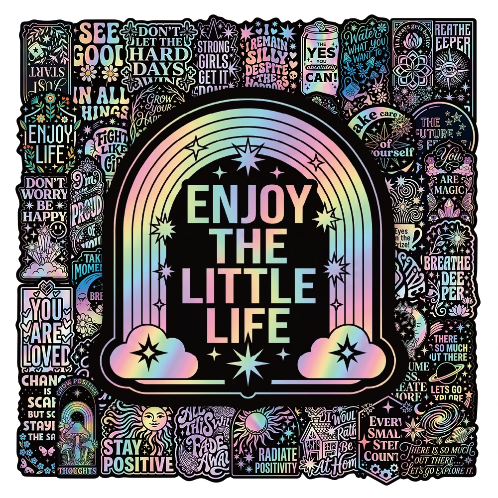 50Pcs Holographic Inspirational Quote Stickers Waterproof Vinyl Positive Motivational Saying Decals for Water Bottle Laptop