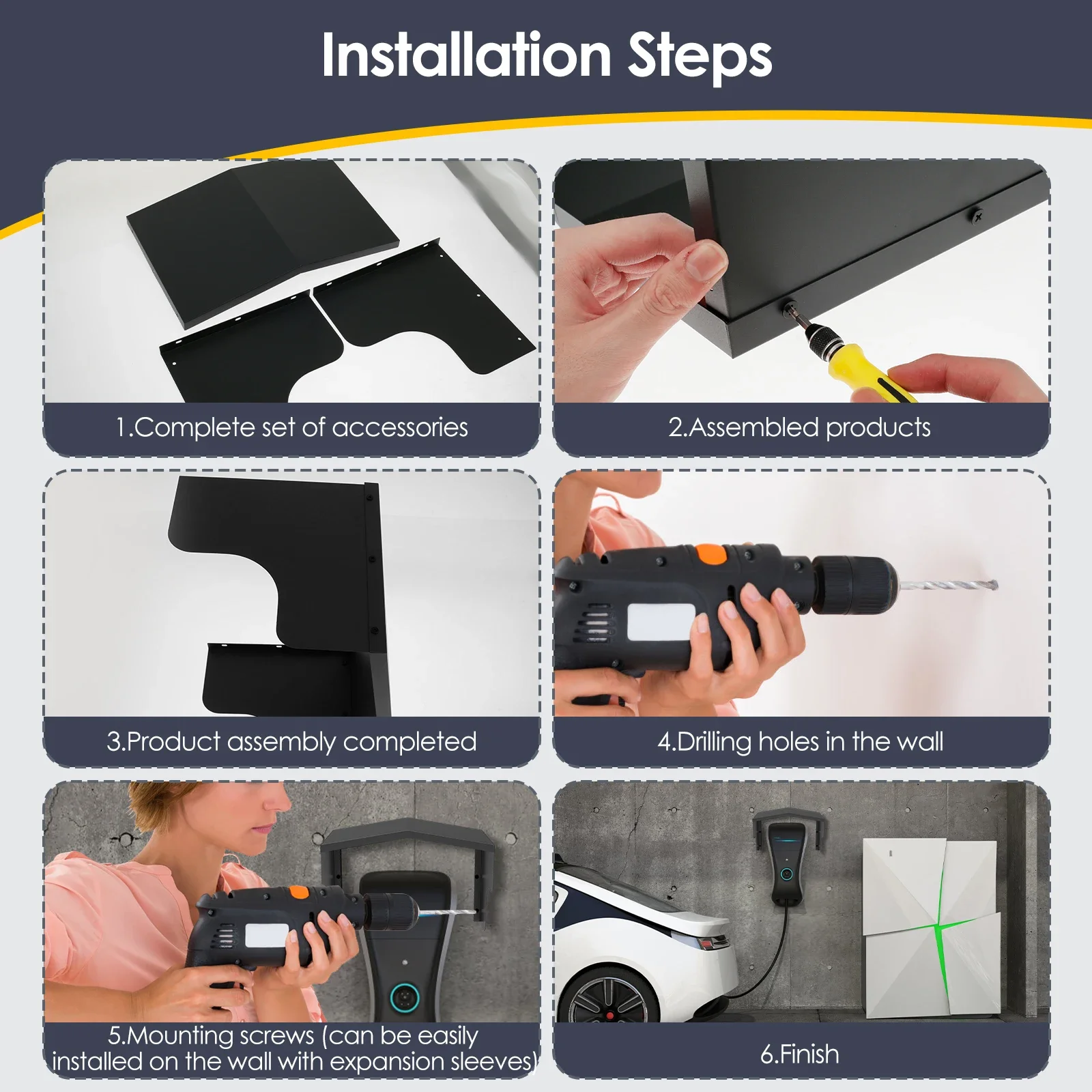 غطاء حماية لشاحن EV معدني، سقف واقٍ لمحطة شحن السيارة الكهربائية الخارجية مع ملحقات التثبيت باللون الأسود