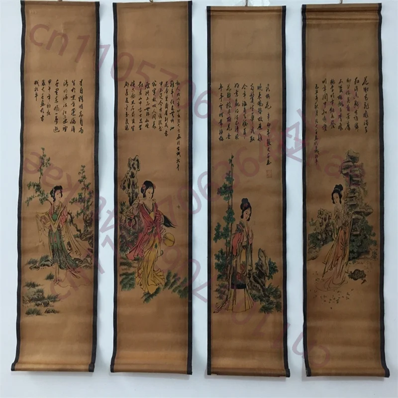 

China Old Scroll Painting, Four Screen Paintings, Middle Hall Hanging Painting,Beautiful women in calligraphy and painting