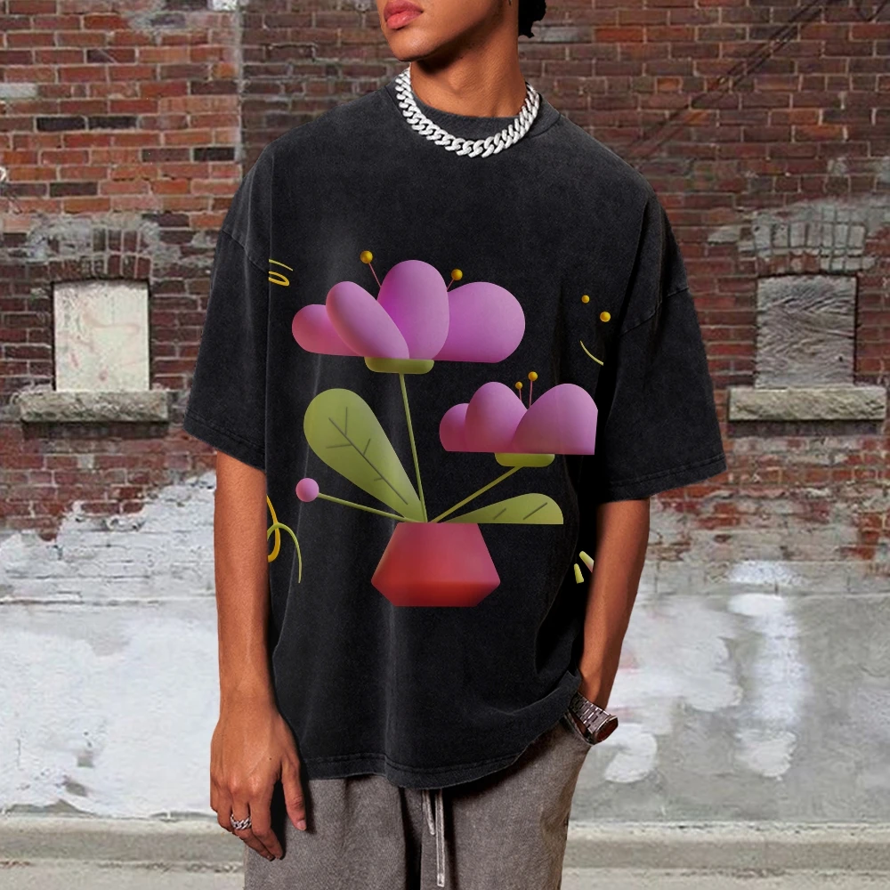 

Graphic T-shirts Pink Flower Pot T-shirt All Cotton High Quality Oversize Washed Tee Girly Y2K Trend Trendy Vintage Unisex