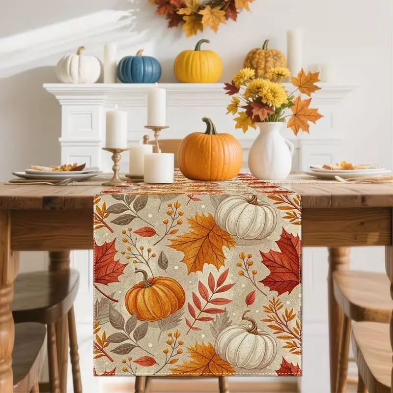 Fall Harvest Pumpkin Maple Leaf Linen Table Runner Holiday Party Decor Reusable Kitchen Dining Table Runner Autumn Decorations