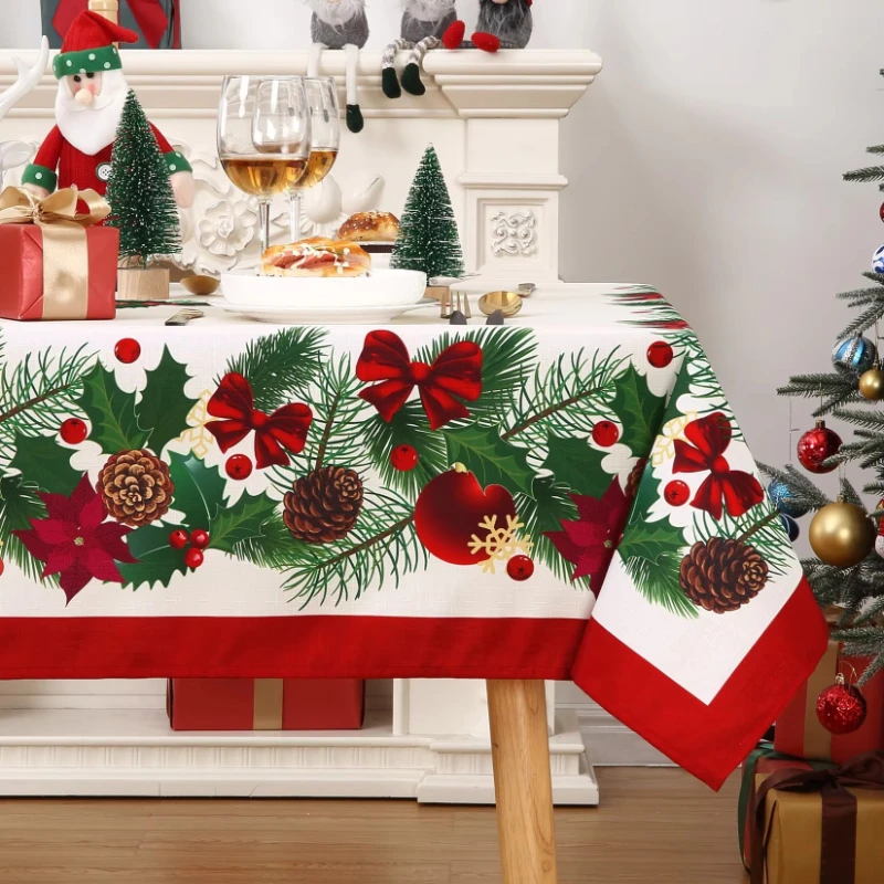 Waterproof and Washable Christmas Tablecloth, Holly and Berry Pattern, Stain-Resistant, Festive Decor for Kitchen or Dining Tabl