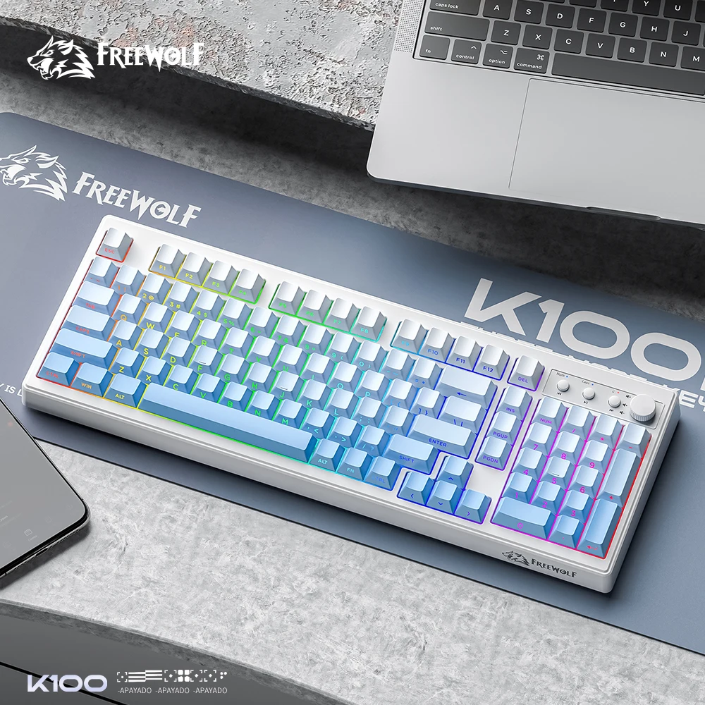 

FREEWOLF K100 Wireless Mechanical Keyboard Quiet with Media Knob|Side-print Backlit|4000mAh|26-Key Rollover for Office/Gaming