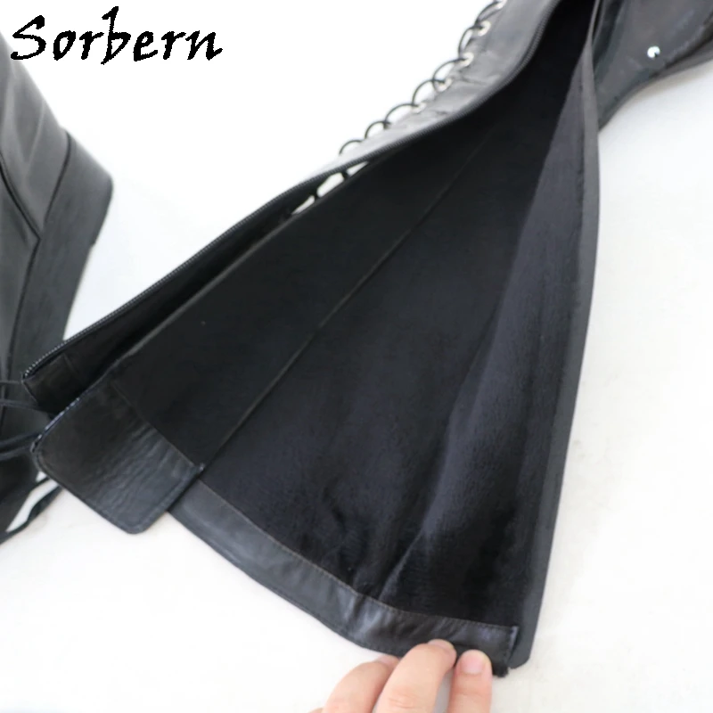 Sorbern Customized Slim Leg Fit Boots Women Knee High No Heels Lace Up Fetish Shoes Round Toe Zipper Up Plush Lining