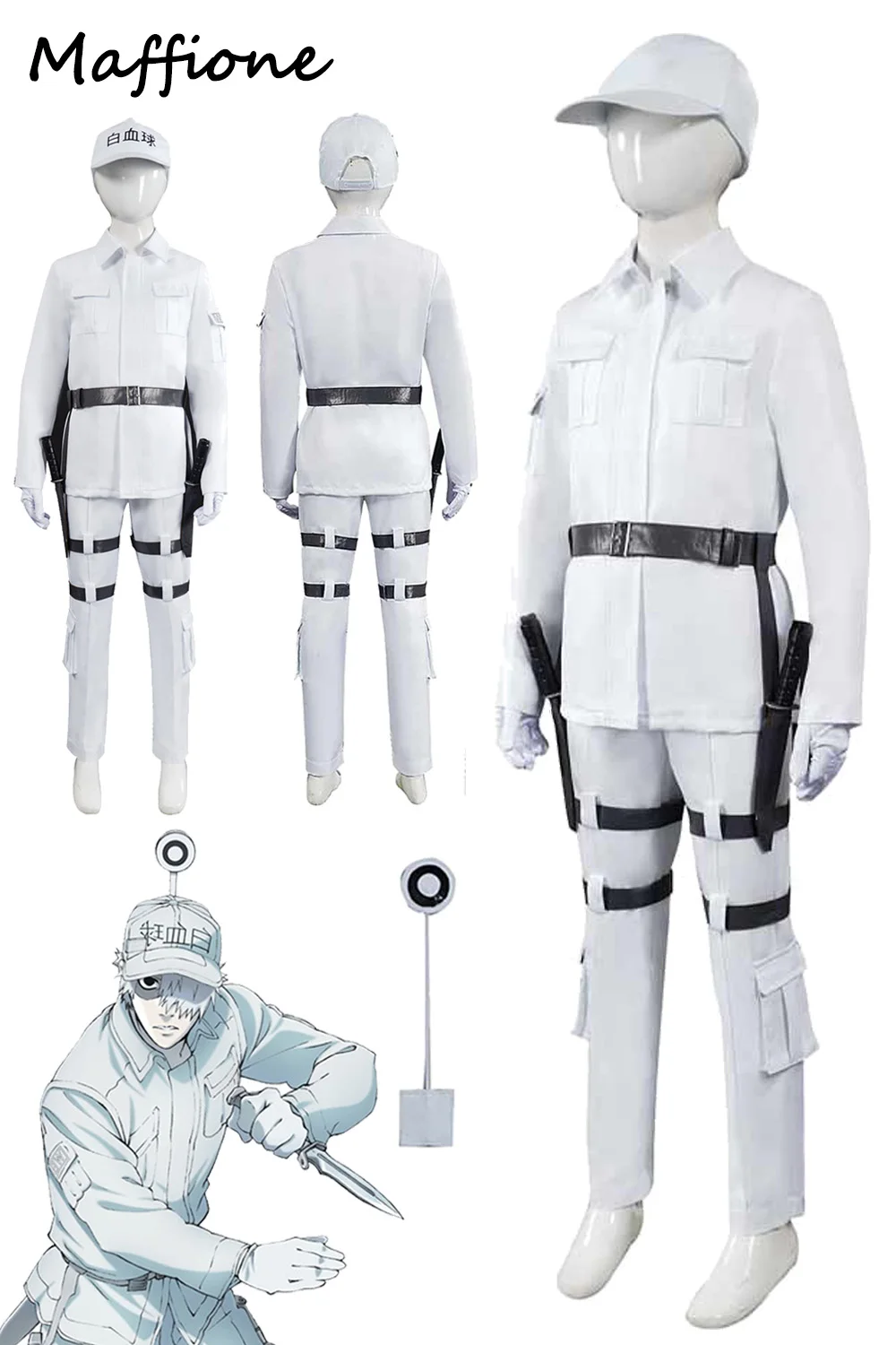

Hataraku Saibou Cosplay Anime Cells Work Neutrophil Costume White Blood Cell Roleplay Hat Pants Coat Costume Belt Halloween Suit