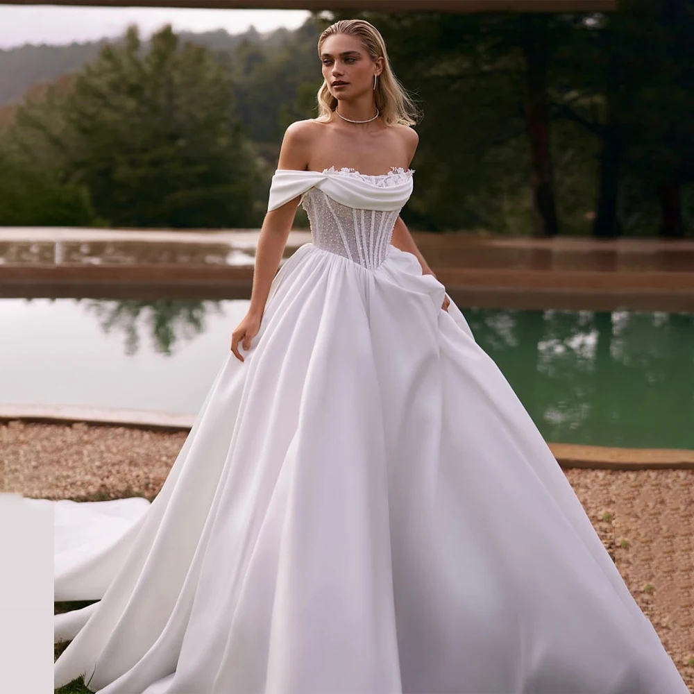 

Элегантные свадебные платья с открытыми плечами, свадебное платье трапециевидной формы для свадьбы, без рукавов, индивидуальные корсетные платья невесты