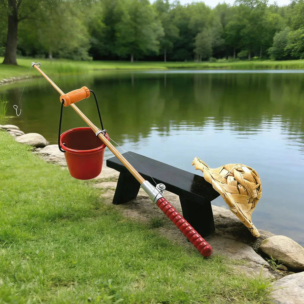 1:12 poppenhuis miniatuur visset - realistische hengel, emmer, bank en strohoed, doe-het-zelf microscène modelaccessoire