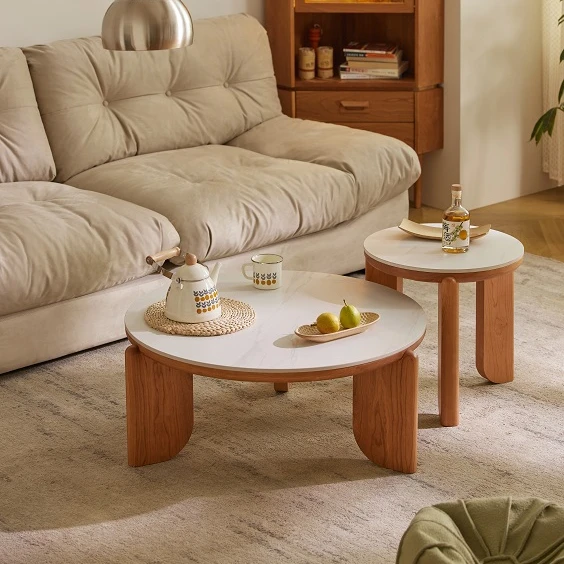 -ee L9071 Modern Living Room Furniture Cherry Wood Circular Round Coffee Tea Side Table Set