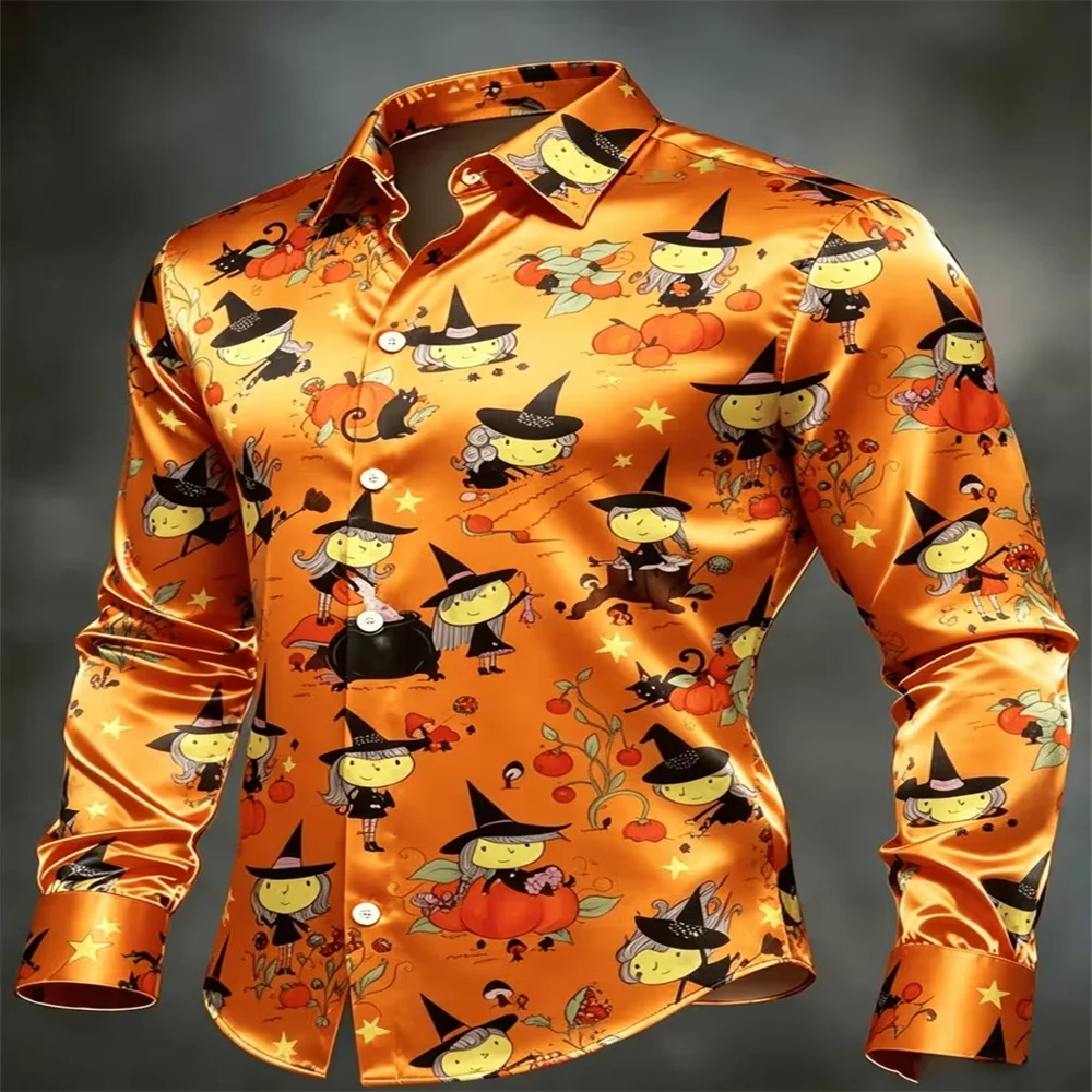 Men's Purple Glossy Satin Long Sleeve Shirt Gothic Spider Scroll Print Lapel Button Down Dress Shirt Halloween Party Nightclub C