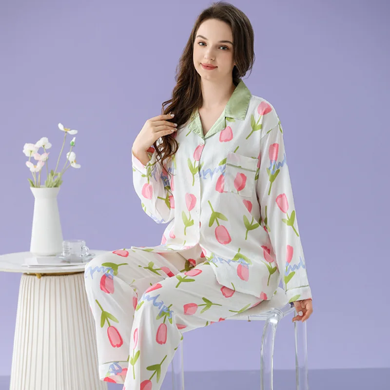 Women's Pajamas Sets Spring Autumn 2 Piece Tulip Print Pyjama Faux Silk Satin Sleepwear Long Sleeve Pijama Mujer Pjs Homewear