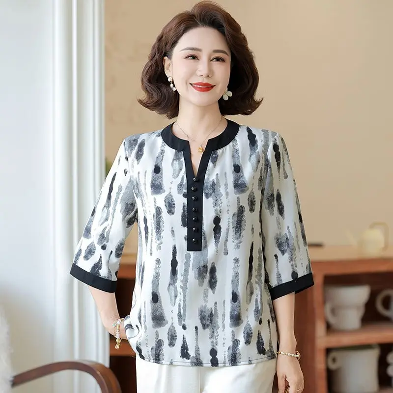 

Mother's Print Top Fashionable T-Shirt Summer Belly Covering Loose Stylish Office Shirt Middle-Aged Women's Clothing