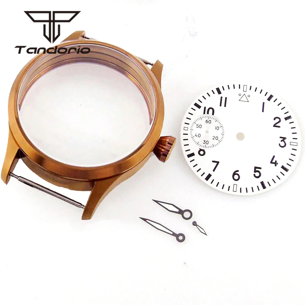 Imagem -02 - Bronze Revestido Relógio Case Ver-através de Volta Preto Branco Azul Verde Dial Mãos Fit Eta6497 6498 St3600 Mão Enrolamento Movimento 42 mm