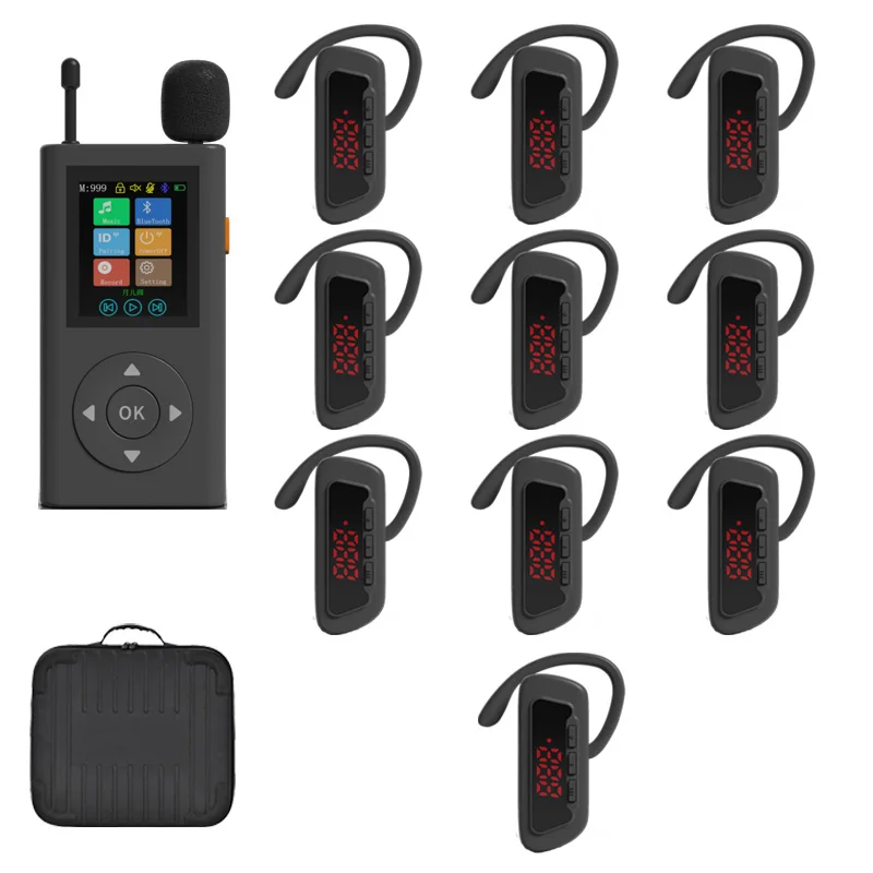 نظام دليل جولات المتحف والمصنع اللاسلكي 1 جهاز إرسال و10 أجهزة استقبال حقيبة تخزين سماعات ميكروفون - جهاز اتصال لاسلكي #1