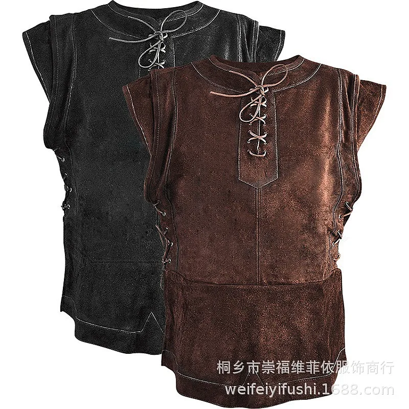 Vintage Men's Vest Performance Tie Front Round Neck Short Sleeve Casual Vest Hunter Outdoor