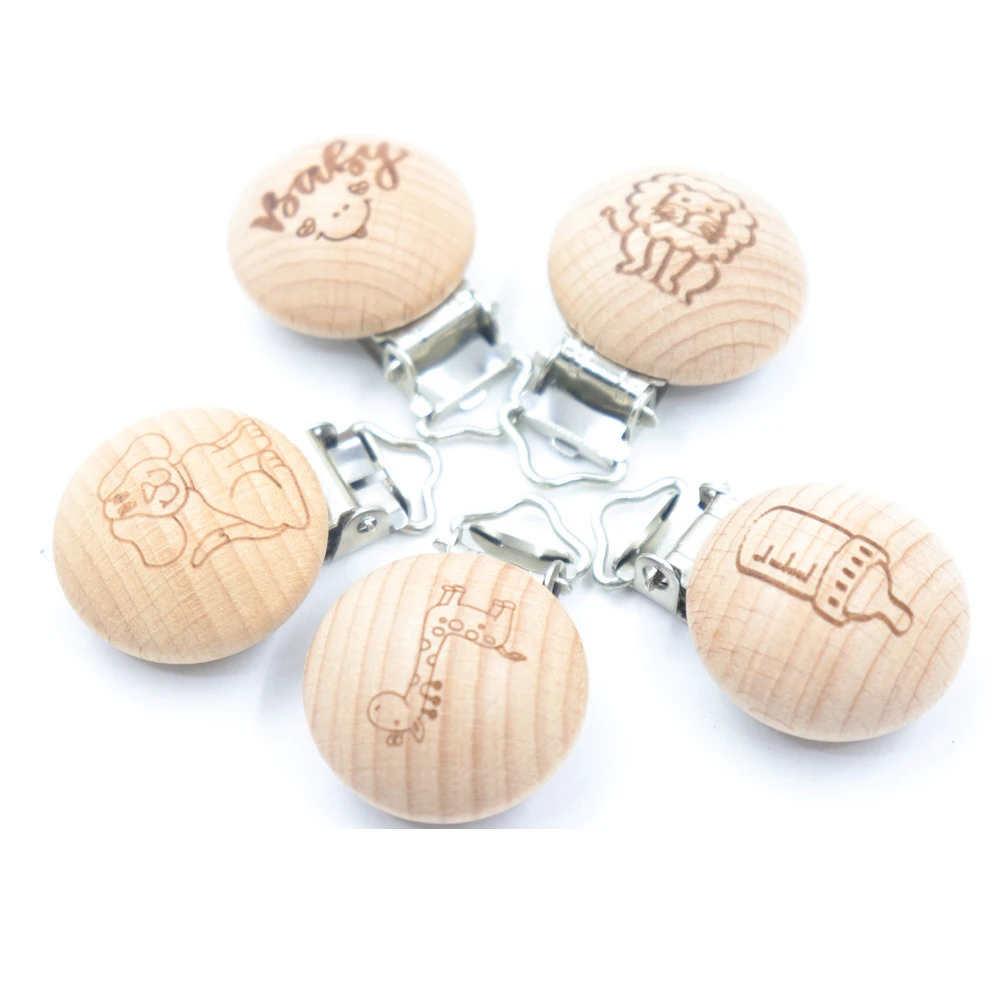 5Pcs Wooden Pacifier Clip Beech Wooden Animal Natural Dummy Clip DIY Baby Pacifier Chain Teether Toys Accessories BPA Free