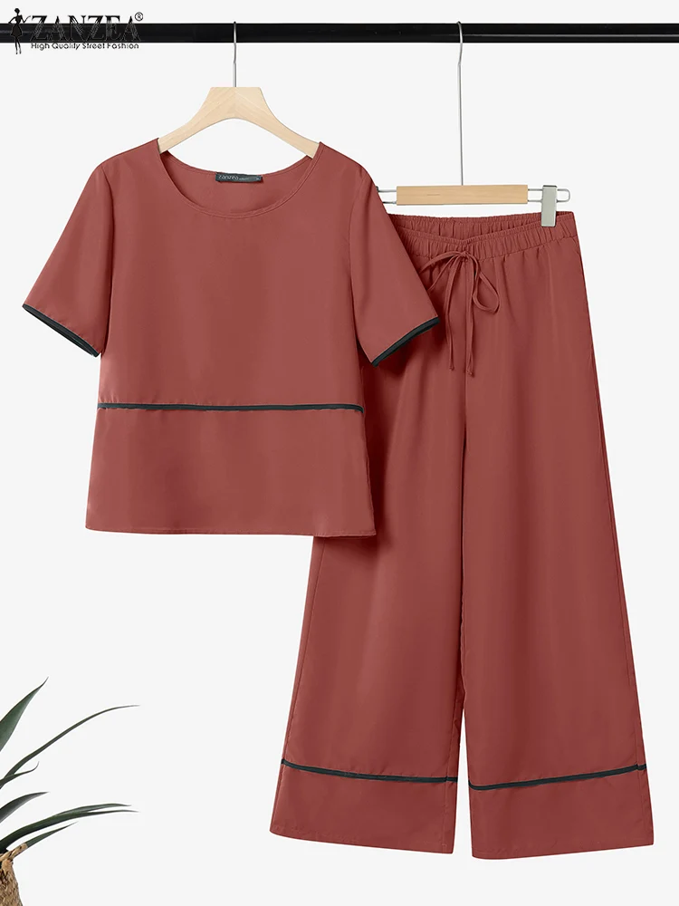 ZANZEA 복장 와이드 레그 팬츠 2pcs 정장 반팔 티셔츠 여성 우아한 캐주얼 바지 세트 Contrast-Piping 2 Piece Sets