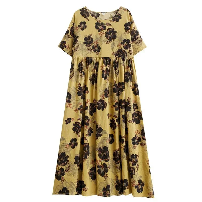 Women Dresses Cotton Linen Oversized Vintage Floral Short Sleeve A-line Loose Korean Style Mid-Calf Dress for Women Clothing