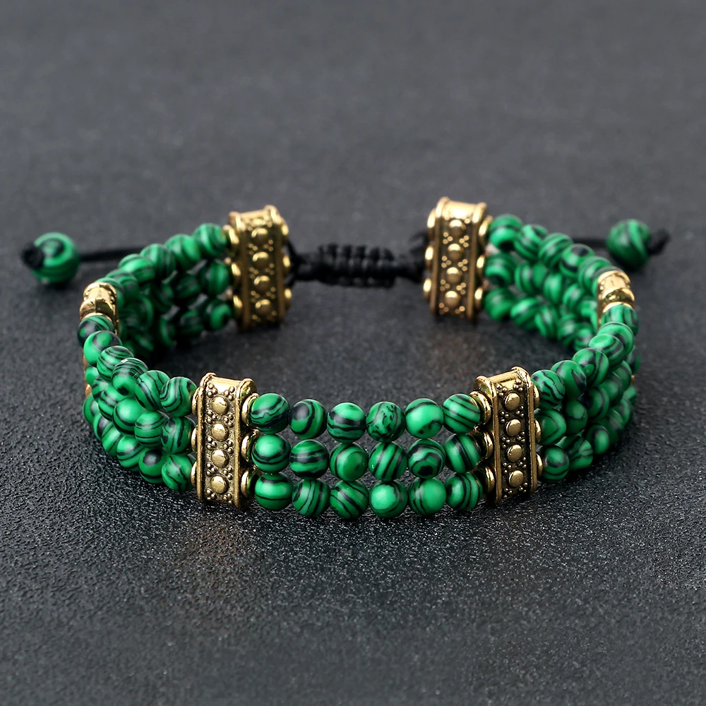 

3 Rows Natural Stone Beads Bracelet Turquoise Natural Malachite Gemstone Crystal Rough Bracelet Women Men Reiki Healling Jewelry