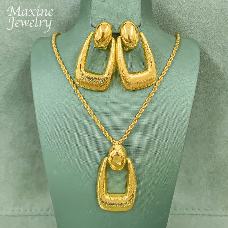 

Geometric African 18K Gold Plated Copper Jewelry Set for Women Earrings Pendant with Chain Necklace Bridal Wedding Party Gifts