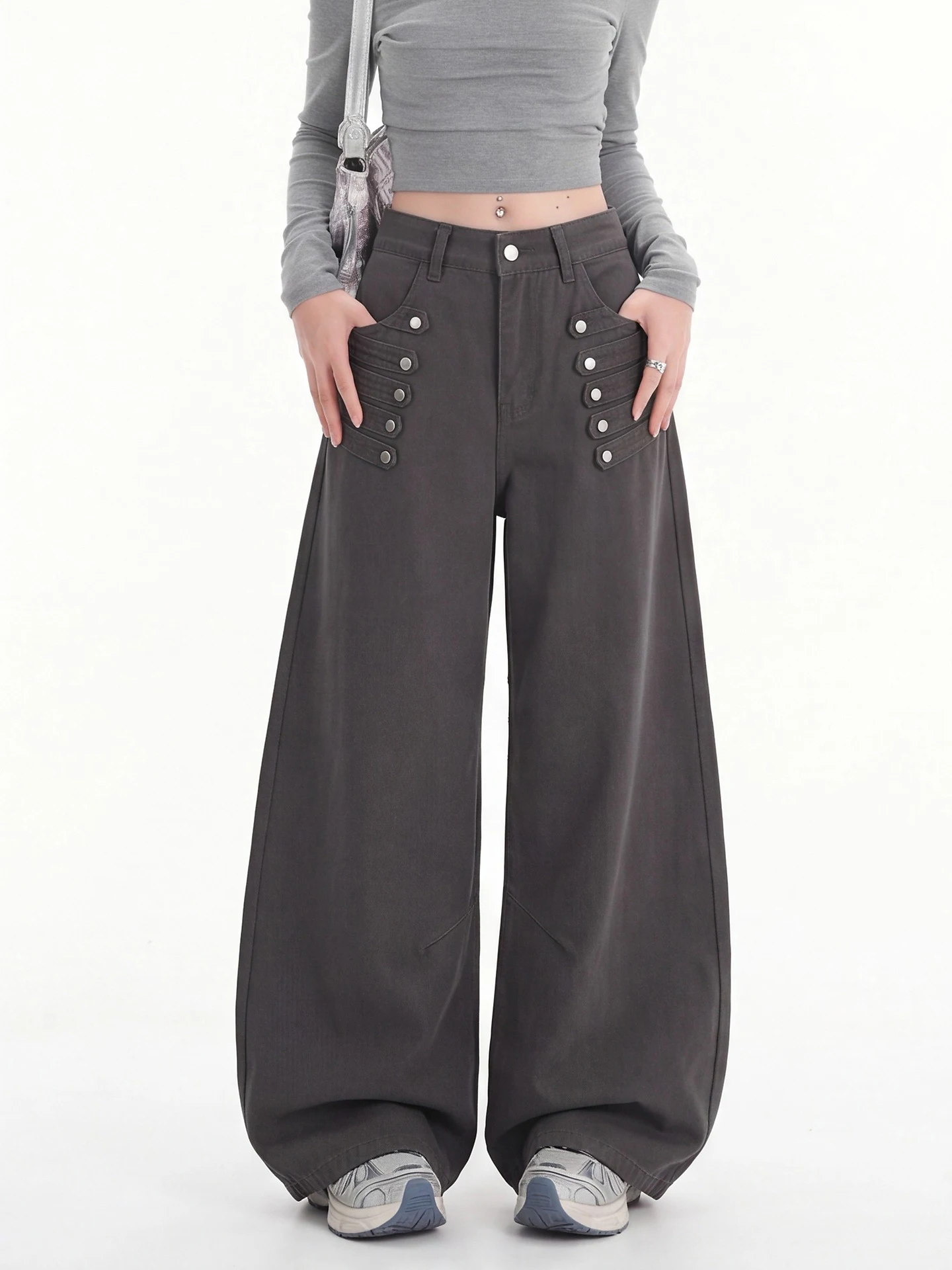 American Court Style Casual Double Button Wide Leg Jeans Women Loose Drapey Pants Autumn Street Style Loose Fit Floor-Length