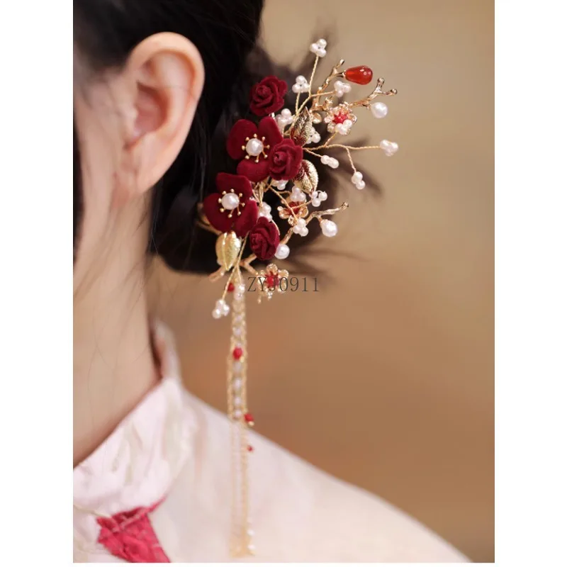 Peineta retro pequeño tocado de cártamo antiguo Hanfu disco pelo clásico cheongsam accesorios para el cabello