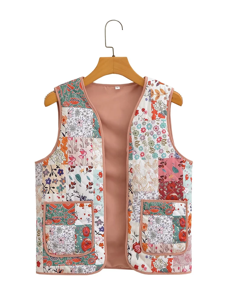 New Women Patchwork Floral Print Quilted Vest Sleeveless Waistcoat