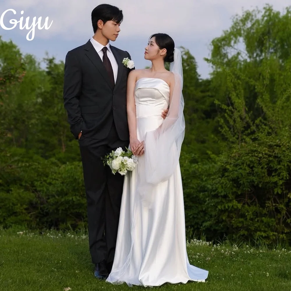 

Giyu New Simple A Line Korea Wedding Dresses Sleeveless Pleat Floor-Length Soft Satin Bridal Gowns Corset Customized 웨딩드레스