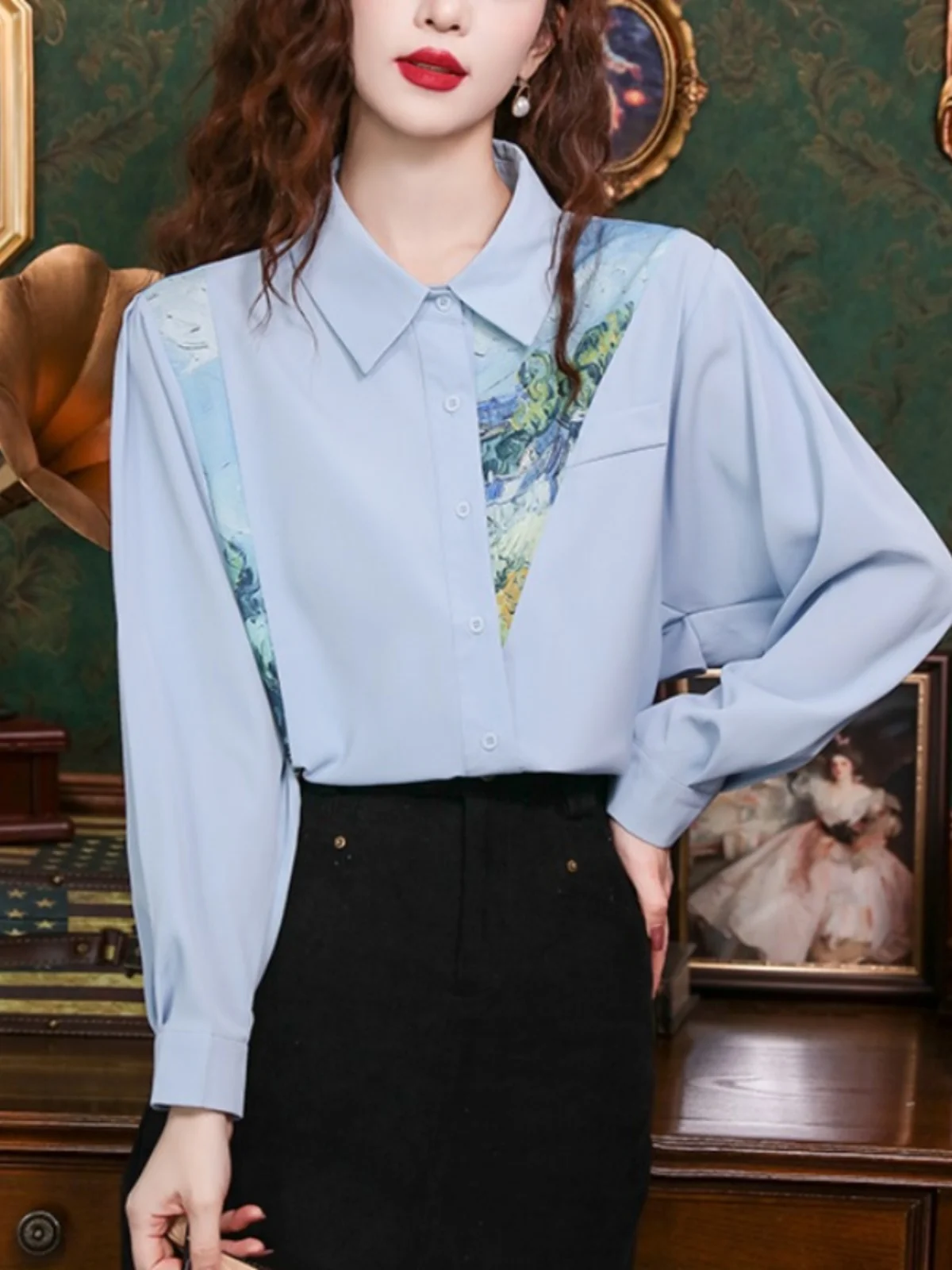 

Spring Autumn 2026 Versatile Fre Print Women's irt Collar Long Sve Chiffon Top Trendy Commute Sle Regular Length