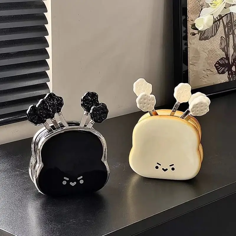 

Cartoon Toast Stainless Steel Fruit Fork, Light Luxury High-end Storage Jar Set Cake Dessert Fork Fruit Skewer Fruit Insert