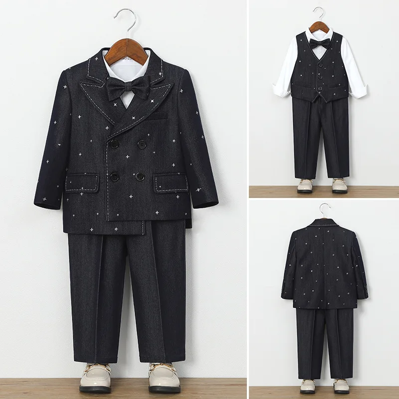 

Kids Boys Star Embroidery Denim Suit Double Breasted Blazer Pants Formal Wedding Flower Boy Gentleman Outfit with Bow Tie 2-12Y