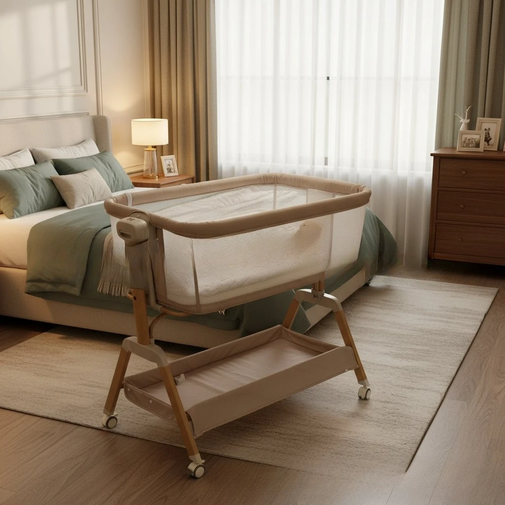 Babyfond Movable Bedside Baby Bassinet, Height‑Adjustable Attachable Splicing Infant Crib with Wheels for Newborn