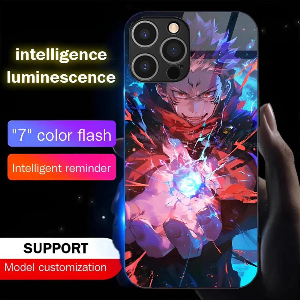 

So Cool Anime Cartoon Sound Control LED Flash Cases Luminous Glass Cover For iPhone 16 E 15 14 13 12 11 Pro Max XR XS Plus Mini