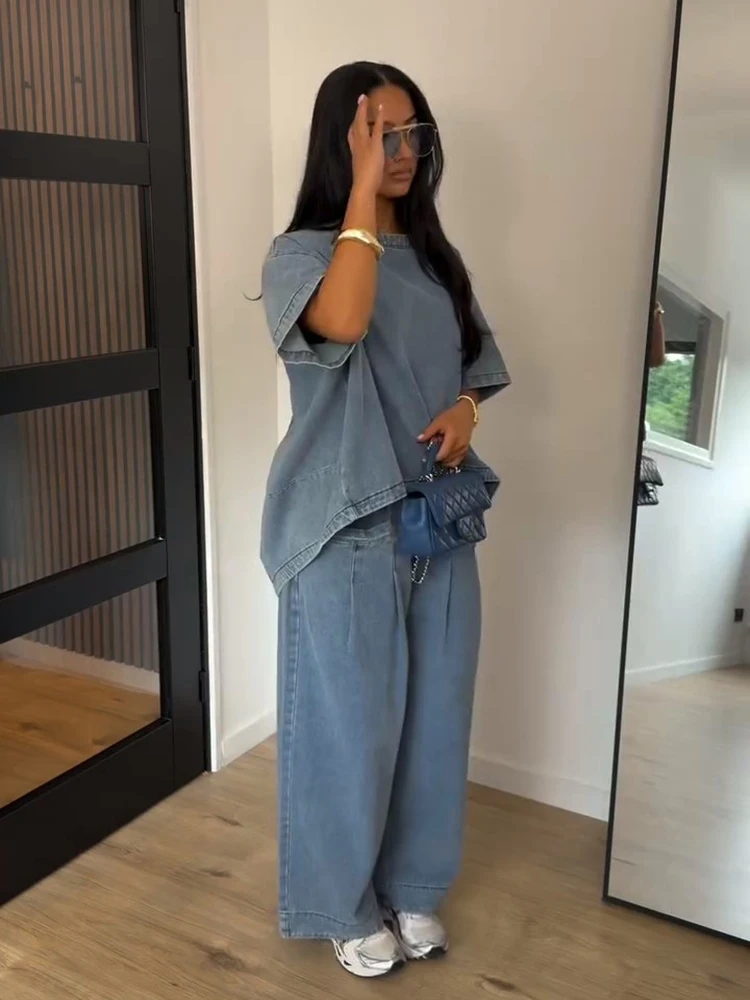 Denim-Übergrößen-Oberteil und Hosen-Set für Damen, Street-Style O-Ausschnitt Kurzarm mit Unregelmäßigem Saum, Lockere Oberteile und Weite Hosen, Schicke Damen-Outfits – Detail 8