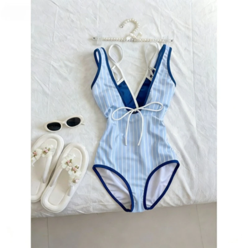 

Y2k Blue & White Striped One-Piece Swimsuit Women Beach Style Slim Fit Vacation Sexy Hot Girl Elegant Swimwear Vacation Summer