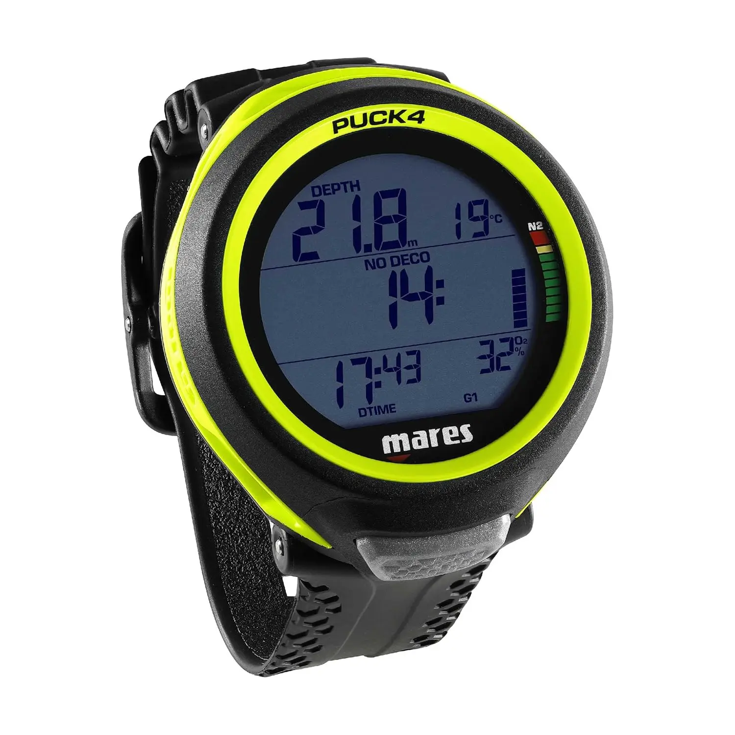 Computadora de buceo de muñeca Puck 4 |   Computadora de buceo subacuática con control de un botón estilo reloj de nivel básico, negro/negro