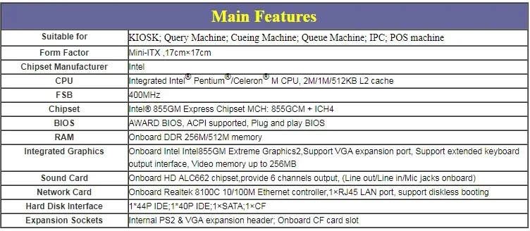 I ntel industri x86 motherboard mini itx 855 chip mendukung CPU Pentium/Celeron M