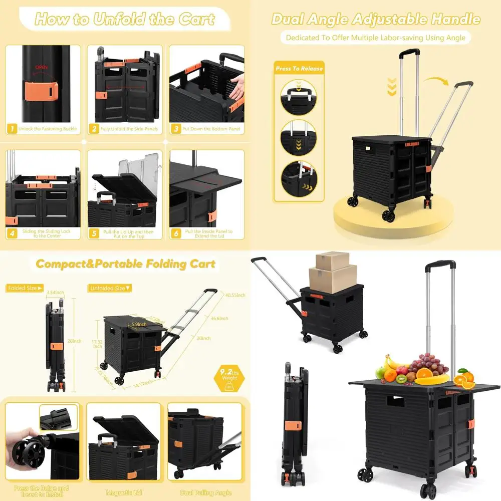 

Adjustable Angle Folding Cart with Telescoping Handle, Rotating Wheels, and Magnetic Lid for Groceries, Office Files, and Shoppi